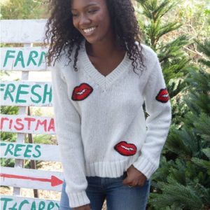 Anthropologie Wooden Ships Lips Applique Sweater Ivory Red Black Size X/S V-Neck